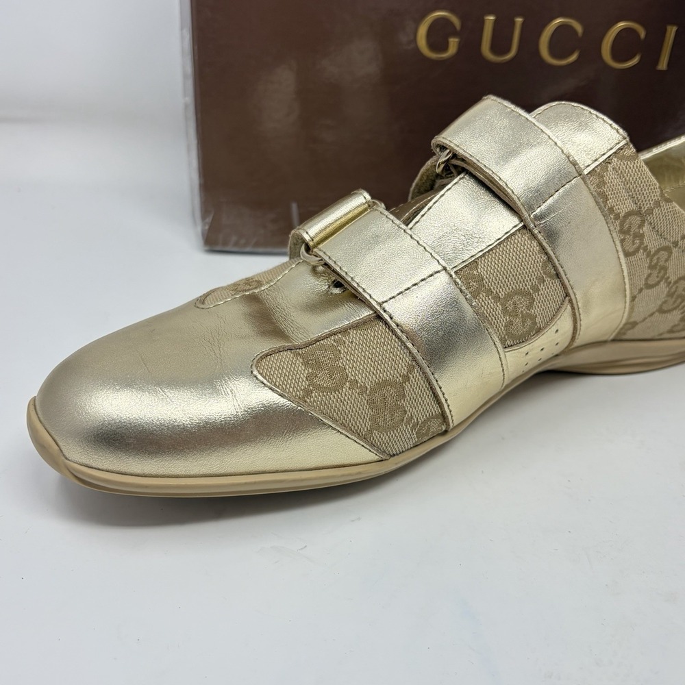 Gucci Guccissima Metallic Gold Canvas Leather‎ Hook Loop Sneakers Women 11 - Picture 9 of 15